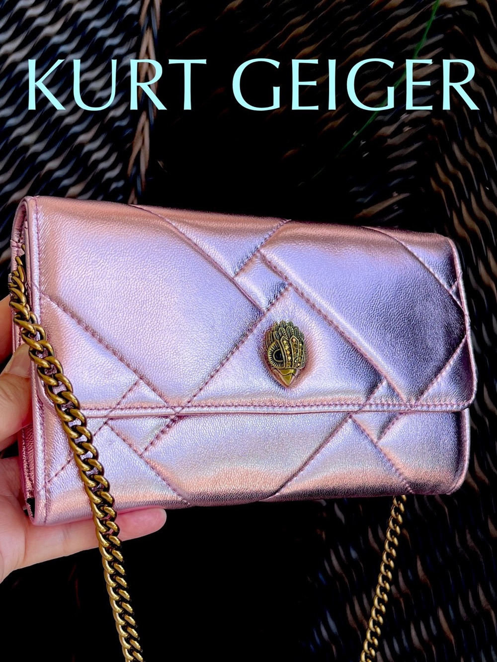 KURT GEIGER Kensington quilt LEATHER Wallet on chain METALLIC PALE PINK